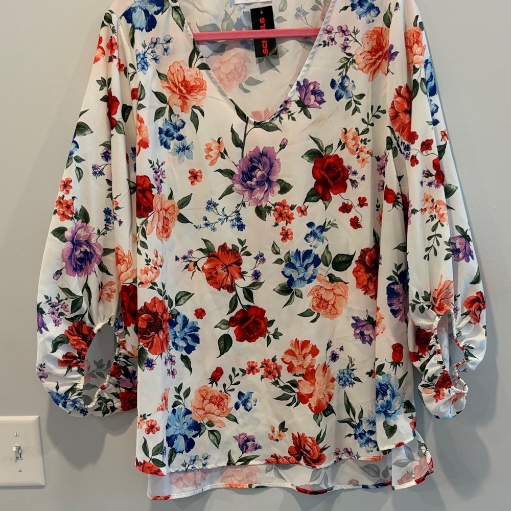 First Love Floral V-Neck Blouse in White with Red, Purple & Blue Flowers